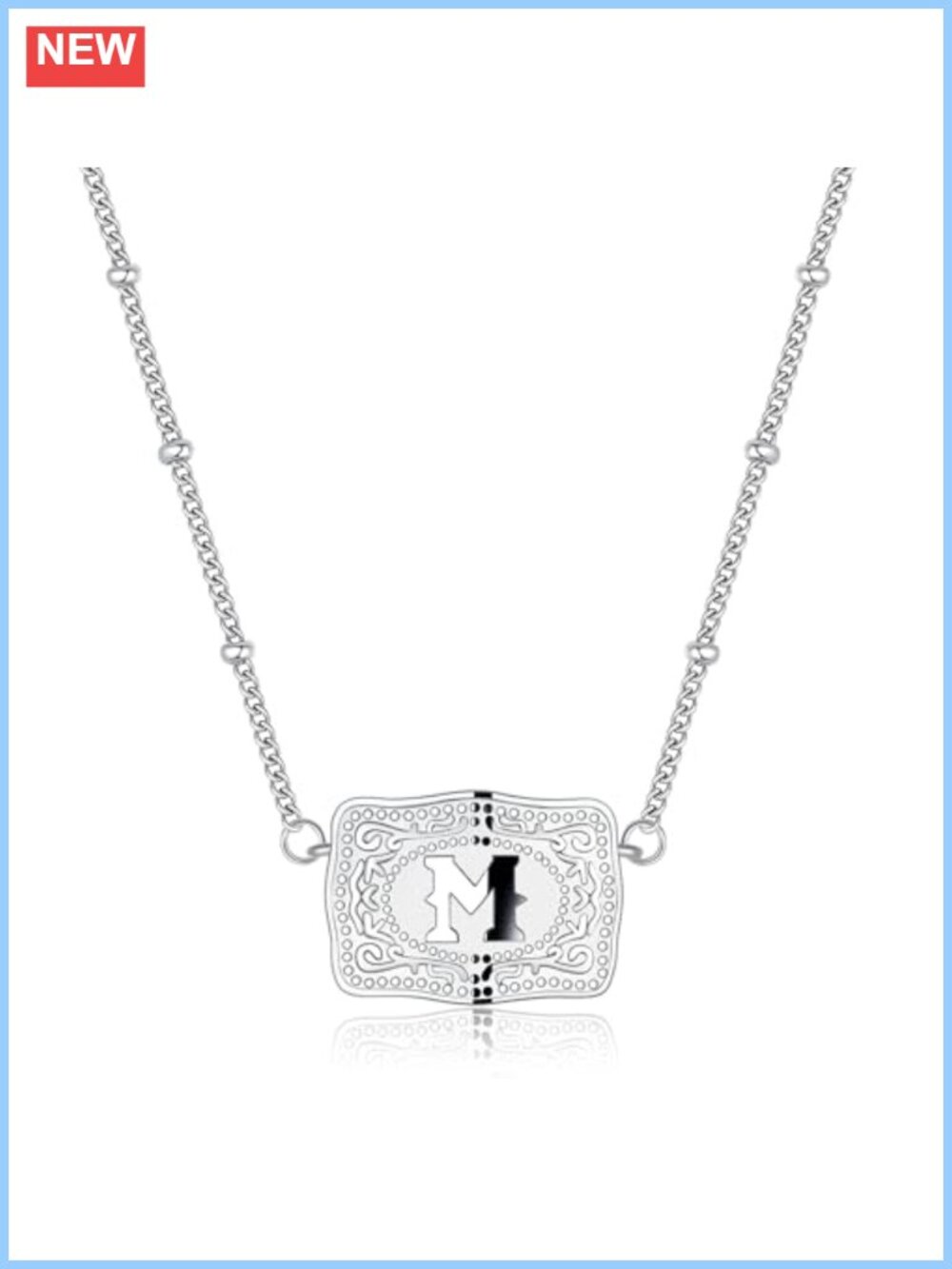 Western Belt Buckle Initial Pendant Necklace Women 18K Silver Plated Mini